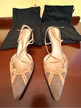 Giorgio Armani Taupe and Beige Suede Pointed Slingback Heels